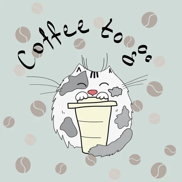 Γάτα κρατάει ένα κυπελάκι καφέ σε φόντο με κόκκους καφέ — Διανυσματικό Αρχείο