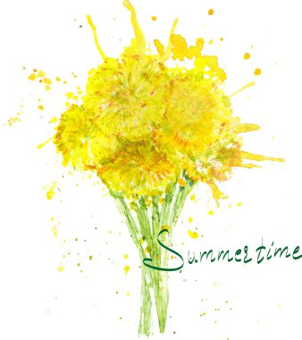 Abstract watercolor art hand drawn background with yellow dandelions and green lettering Summertime. Vector Illustration. clipart