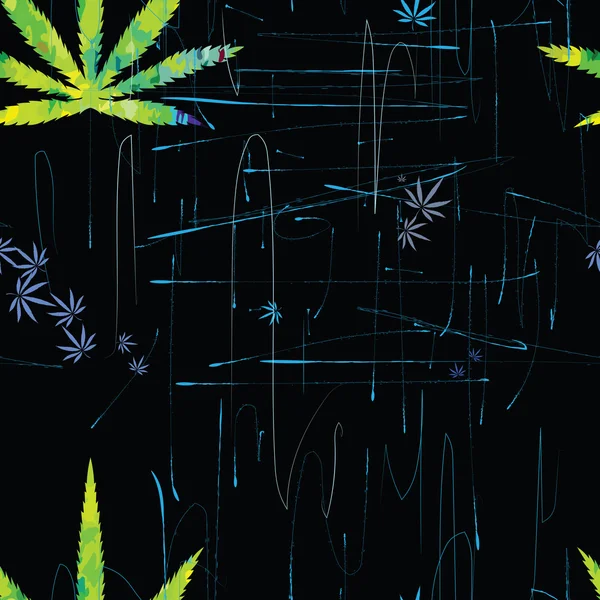 Patrón sin costura abstracto con hojas y arañazos de cannabis — Vector de stock