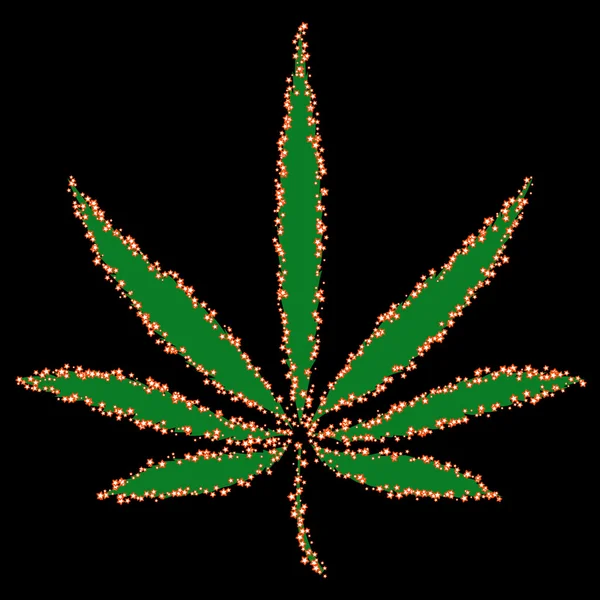 Imagen colorida de la hoja de cannabis y pequeñas estrellas en estilo de arte abstracto, hecha de una manera ligeramente psicodélica — Vector de stock