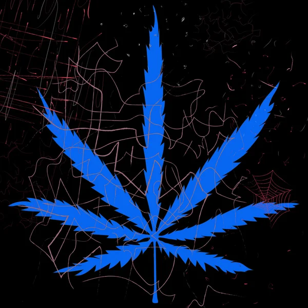 Imagen colorida de la hoja de cannabis, telaraña y arañazos en estilo de arte abstracto, hecha de una manera ligeramente psicodélica — Vector de stock