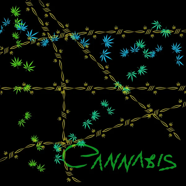 Imagen colorida de hojas de cannabis y alambre de púas en estilo de arte abstracto, hecha de una manera ligeramente psicodélica — Archivo Imágenes Vectoriales