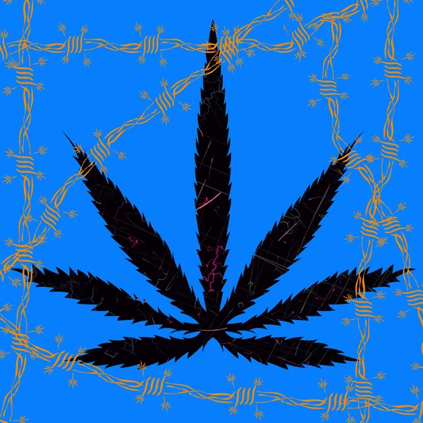 Imagen colorida de hojas de cannabis y alambre de púas en estilo de arte abstracto, hecha de una manera ligeramente psicodélica — Vector de stock