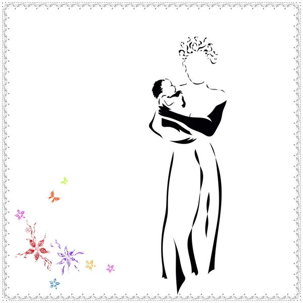 Vektorový obrázek mladá krásná žena s dítětem v abstraktní styl, kreslení v černé linie — Stockový vektor