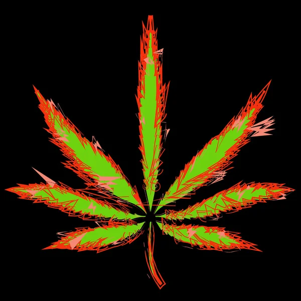 Imagen colorida de la hoja de cannabis en estilo de arte abstracto, hecha de una manera ligeramente psicodélica — Vector de stock