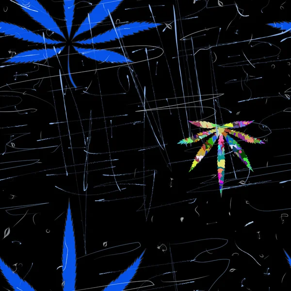 Patrón inconsútil abstracto colorido con hojas y arañazos de cannabis — Vector de stock