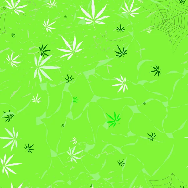 Patrón inconsútil abstracto colorido con hojas de cannabis y telaraña — Vector de stock