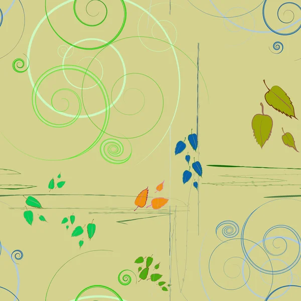 Patrón vectorial inconsútil abstracto colorido con hojas, arañazos y curvas — Vector de stock