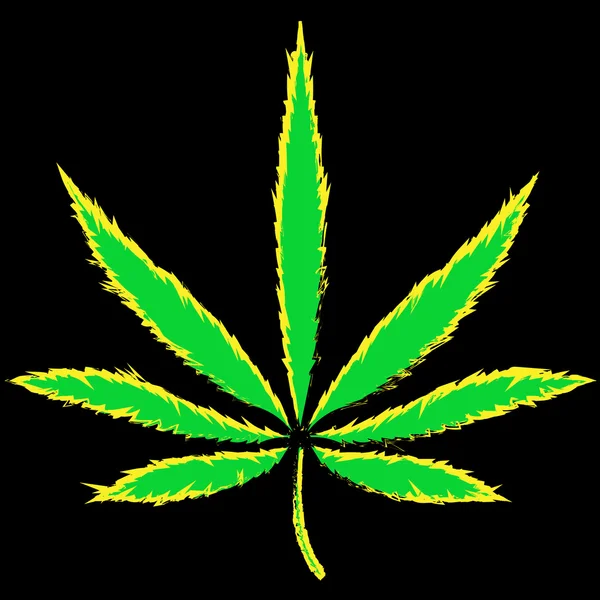 Imagen colorida de la hoja de cannabis en estilo de arte abstracto, hecha de una manera ligeramente psicodélica — Vector de stock