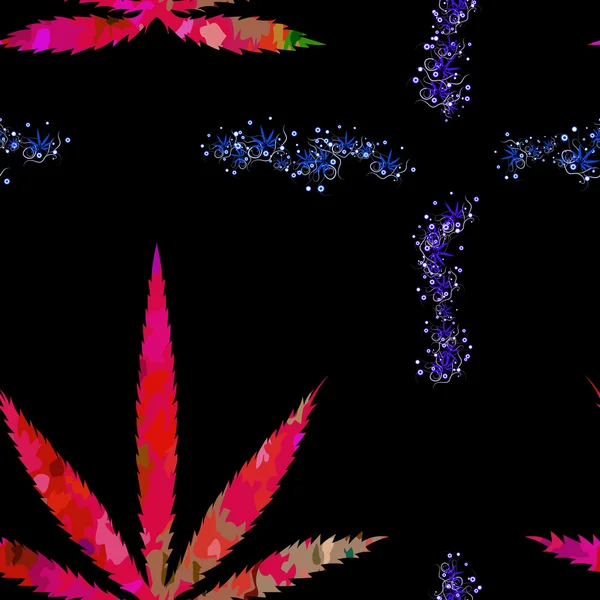 Kleurrijke abstracte naadloze vector patroon met Cannabis bladeren en bloemen motief — Stockvector