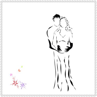 Vektör görüntü siyah çizgi çizmeyi bebek soyut tarzda bekleyen genç aşk Çift