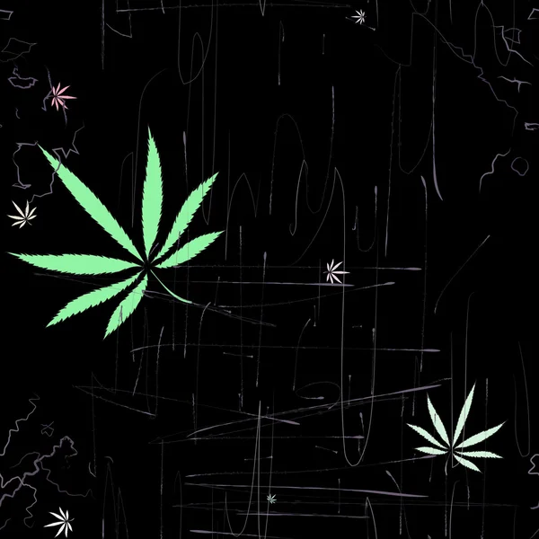Красочный абстрактный бесшовный рисунок с листьями марихуаны, царапинами и трещинами — стоковый вектор
