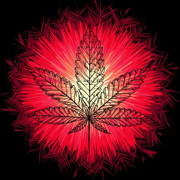 Immagine vettoriale della foglia di marijuana e del sole in stile astratto, fatta in modo leggermente psichedelico — Vettoriale Stock