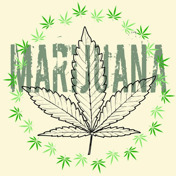 Imagem colorida da folha de Cannabis em estilo de arte abstrata e palavra Marijuana, feito de uma forma ligeiramente psicodélica — Vetor de Stock