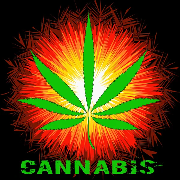 Imagen vectorial de la hoja de marihuana, palabra Cannabis y el Sol en estilo de arte abstracto, hecha de una manera ligeramente psicodélica — Vector de stock