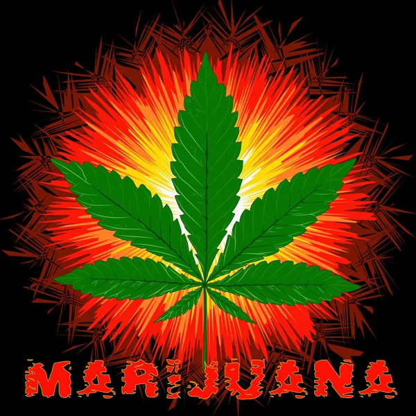Vector image of Cannabis leaf, word Marijuana and the Sun in abstract art style, done in a slightly psychedelic manner
