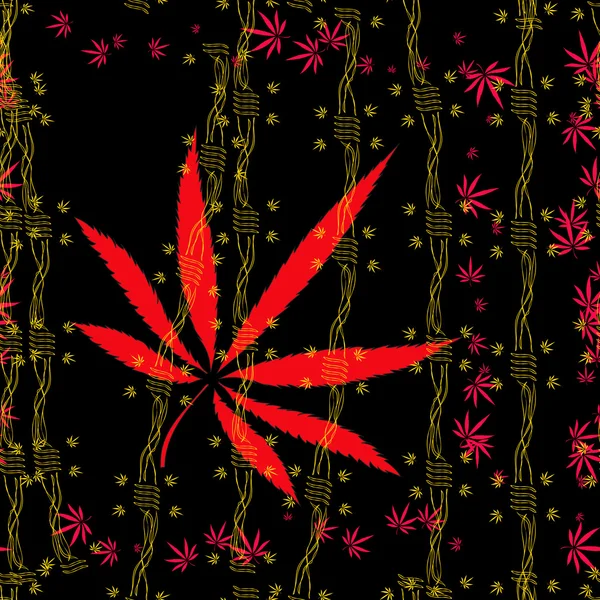 Patrón vectorial sin costura abstracto con hojas de marihuana coloridas y alambre de púas — Vector de stock