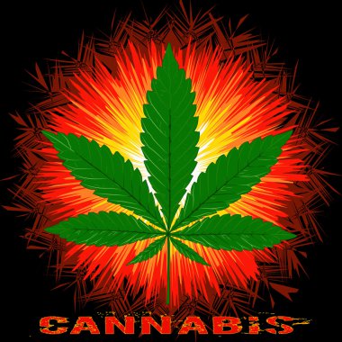 Vector image of Marijuana leaf, word Cannabis and the Sun in abstract art style, done in a slightly psychedelic manner