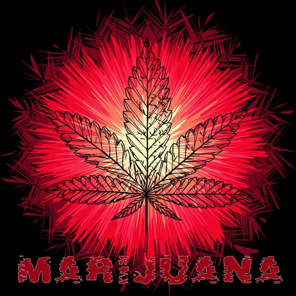 Imagen vectorial de la hoja de Cannabis, la palabra Marihuana y el Sol en estilo de arte abstracto, hecha de una manera ligeramente psicodélica — Vector de stock