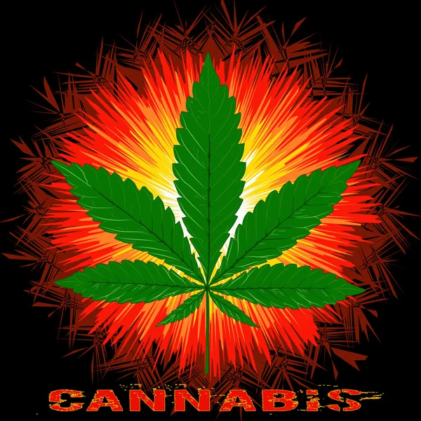 Vector image of Marijuana leaf, word Cannabis and the Sun in abstract art style, done in a slightly psychedelic manner — Διανυσματικό Αρχείο