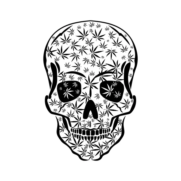 Imagen vectorial de las hojas de Calavera Humana y Marihuana en estilo de arte abstracto, hecha de una manera ligeramente psicodélica — Vector de stock