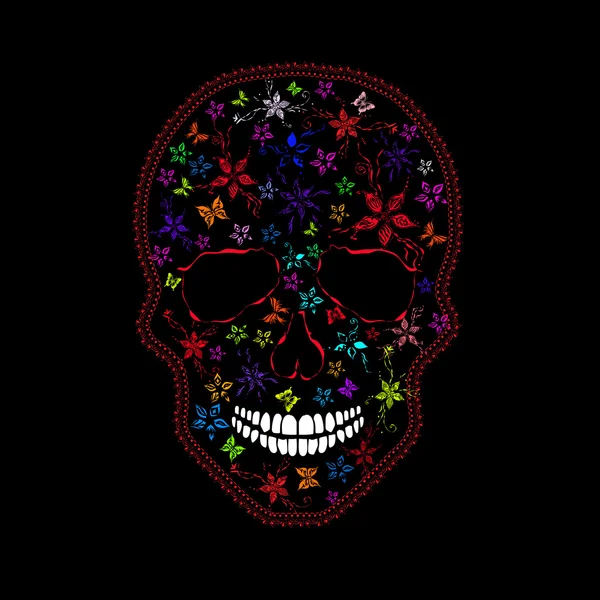Imagine vectorială a craniului uman cu flori și fluturi în stil de artă abstractă, realizată într-o manieră ușor psihedelică — Vector de stoc