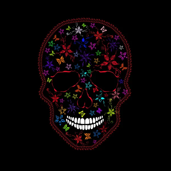 Imagen vectorial de Calavera Humana con flores y mariposas en estilo de arte abstracto, hecha de una manera ligeramente psicodélica — Vector de stock