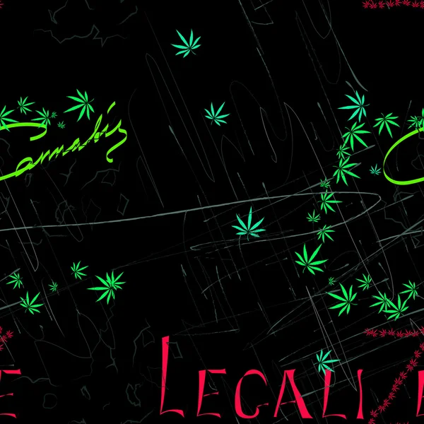 Pola abstrak mulus dengan daun Marijuana, goresan dan kata-kata Cannabis dan melegalkan - Stok Vektor