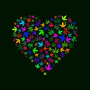 Colorful image of the Heart of Marijuana leaves in abstract art style, done in a slightly psychedelic manner