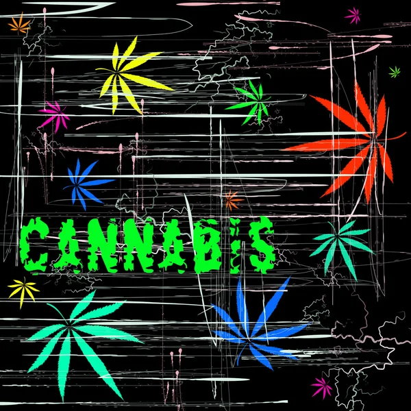 Imagen colorida de la hoja de marihuana en estilo de arte abstracto y la palabra Cannabis, hecho de una manera ligeramente psicodélica — Archivo Imágenes Vectoriales