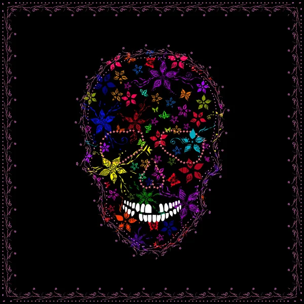 Imagen vectorial de las hojas de Calavera Humana y Marihuana en estilo de arte abstracto, hecha de una manera ligeramente psicodélica — Vector de stock