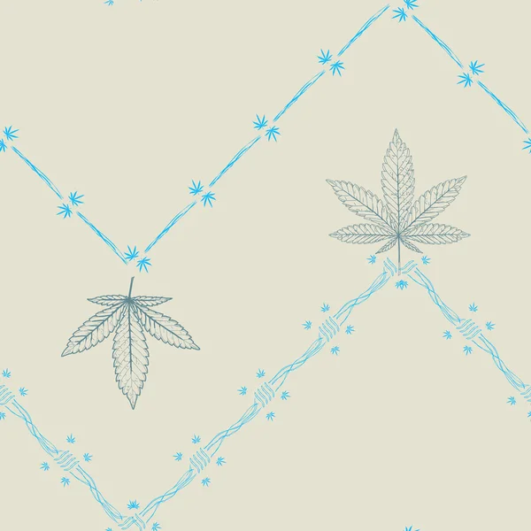 Patrón vectorial sin costura abstracto con hojas de marihuana coloridas y alambre de púas — Vector de stock