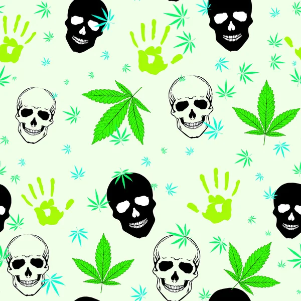 Patrón sin costura colorido abstracto con hojas de marihuana, cráneo humano y manos — Archivo Imágenes Vectoriales