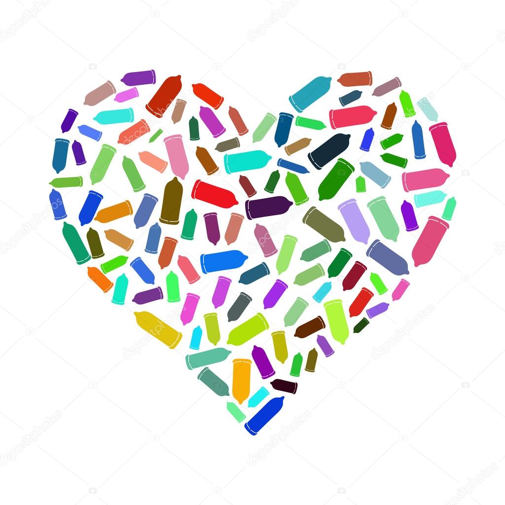 Vector image of Heart with colorful Condoms in abstract style