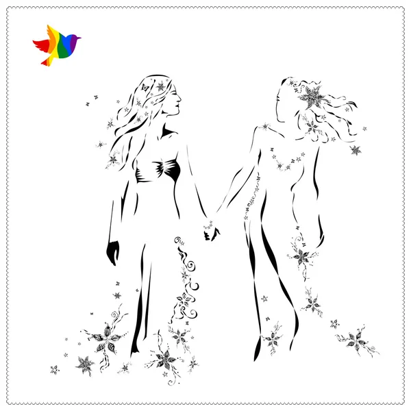 Image vectorielle de jeune beau couple lesbien attendant bébé dans un style abstrait, dessin en ligne noire — Image vectorielle