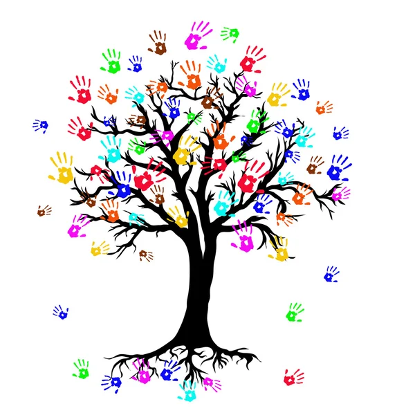 Imagine vectorială a copacului cu simboluri colorate ale mâinilor în stil abstract — Vector de stoc