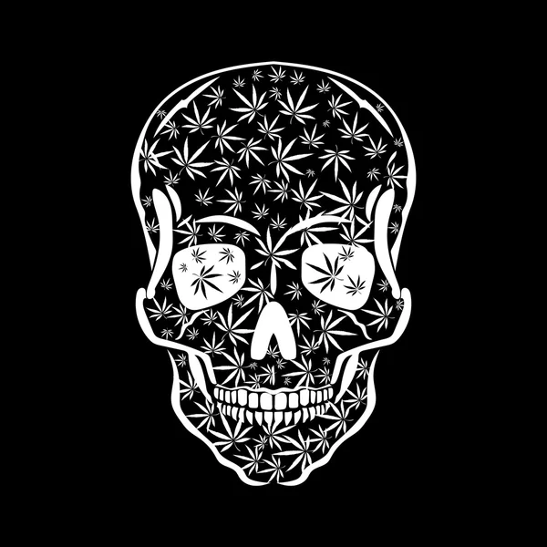 Imagen vectorial de las hojas de Calavera Humana y Marihuana en estilo de arte abstracto, hecha de una manera ligeramente psicodélica — Vector de stock