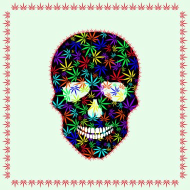 Soyut sanat tarzı biraz psychedelic bir şekilde yapılır, vektör görüntü insan kafatası ve marihuana bırakır