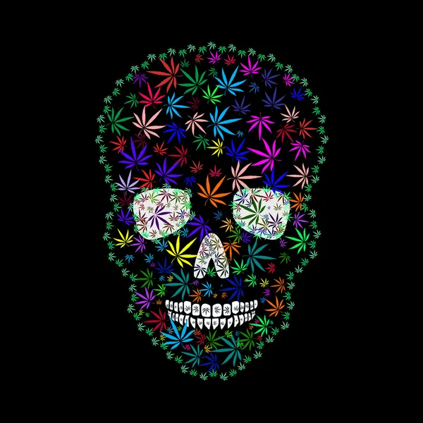 Imagen vectorial de las hojas de Calavera Humana y Marihuana en estilo de arte abstracto, hecha de una manera ligeramente psicodélica — Vector de stock