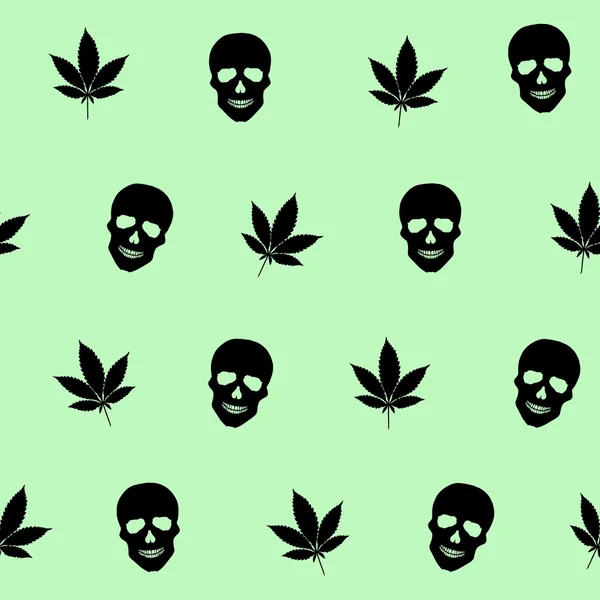 Abstract colorful seamless pattern with Marijuana leaves and  Human Skulls — Stock Vector