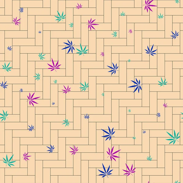 Abstracte naadloze vector patroon met kleurrijke marihuana laat op parketvloer — Stockvector
