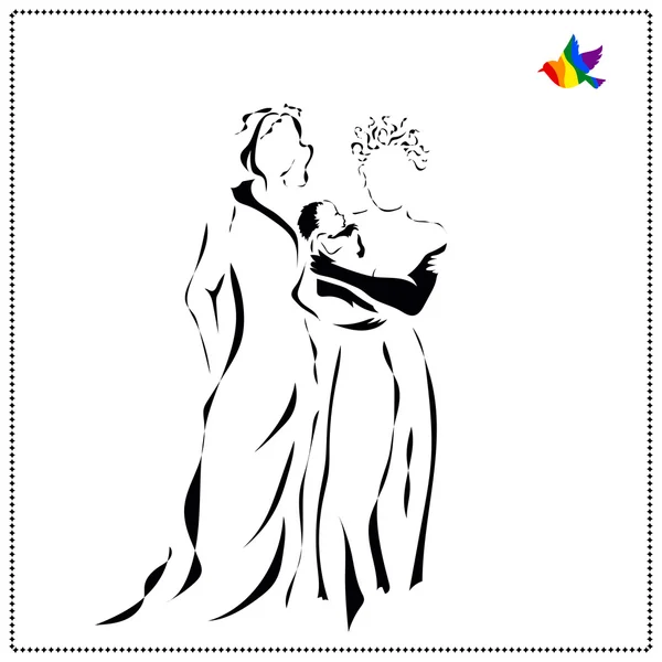 Imagem vetorial de jovem belo casal lésbico com seu bebê em estilo abstrato, desenhando em linha preta —  Vetores de Stock