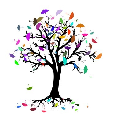 Soyut tarzda renkli şemsiyelerle ağacının vektör görüntü