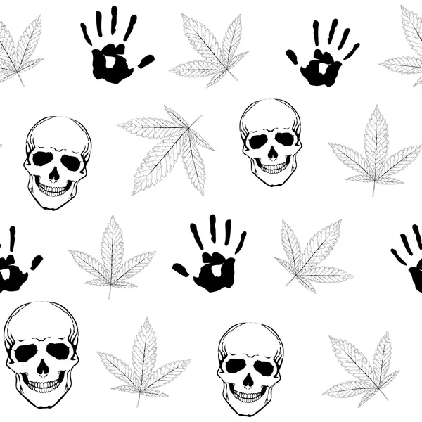 Streszczenie kolorowy wzór z marihuany liści, ludzką czaszkę i ręce — Wektor stockowy