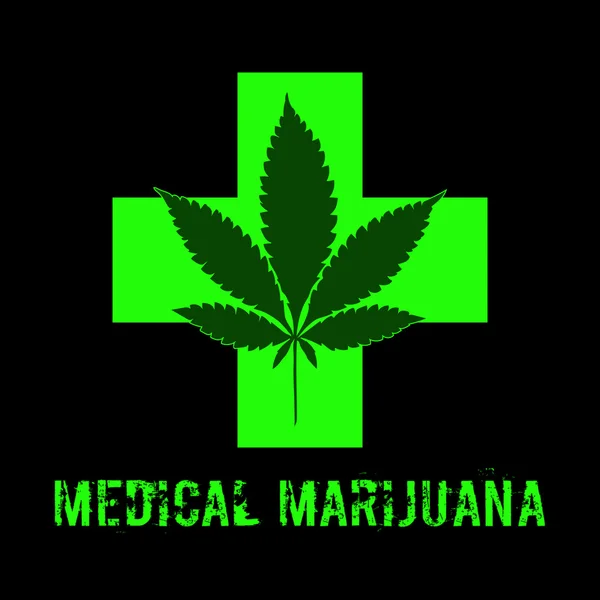 Рамка для текста с изображением листа конопли в абстрактном стиле с зеленым крестом и словами "медицинская марихуана" — стоковый вектор