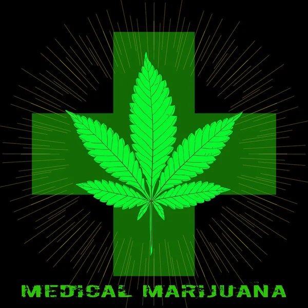 Hoja de marihuana en estilo abstracto con Cruz Verde y palabras Medical Cannabis — Archivo Imágenes Vectoriales