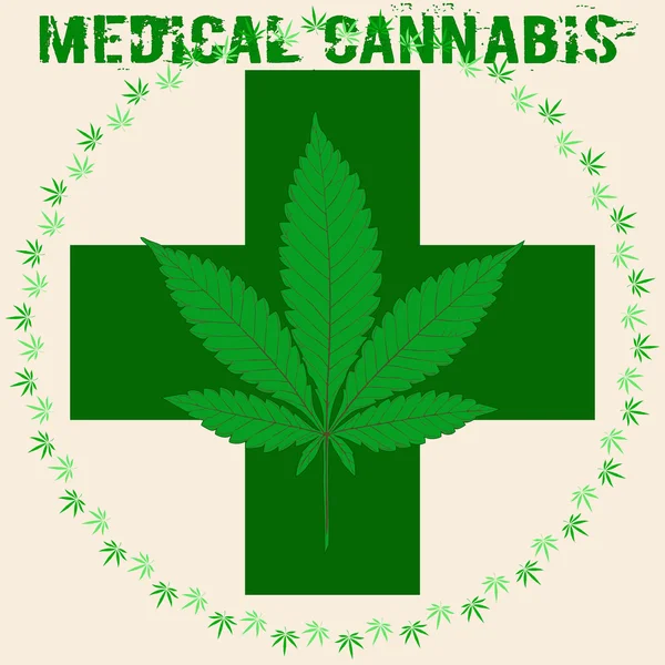 Folha de maconha em estilo abstrato com Cruz Verde e palavras Medical Cannabis — Vetor de Stock