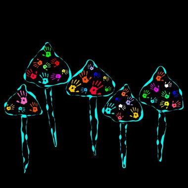 Magic Mushrooms with color Hands in abstract style clipart