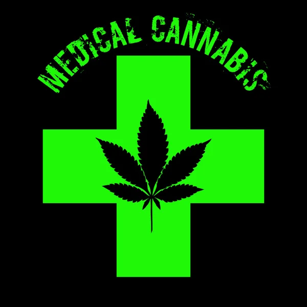 Marihuanablad in abstracte stijl met groene Kruis en woorden Medicinale Cannabis — Stockvector