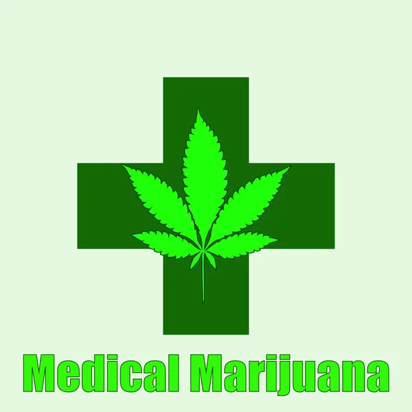 Лист конопли в абстрактном стиле с зеленым крестом и словами Медицинская марихуана — стоковый вектор